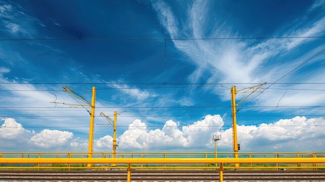 Vibrant blue sky with wispy clouds and yellow train tracks