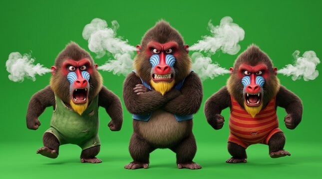 Three Cartoon Mandrills with Angry Expressions and Steam.