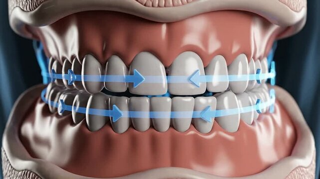 Abstract CGI Visualization of Orthodontic Force Application on Teeth for Dental Alignment and Treatment Representation in 3D Graphics