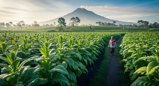 Farmer walking through tobacco plantation with volcano background at sunrise