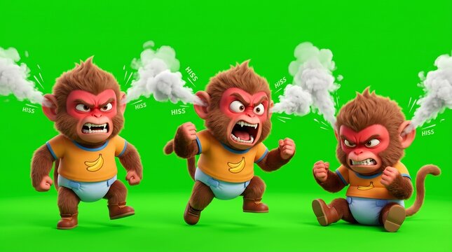 Three Cartoon Monkeys Displaying Anger and Frustration with Green Background.