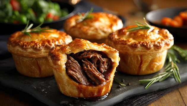 Deliciously stacked steak pies inviting a warm and hearty meal experience for any occasion