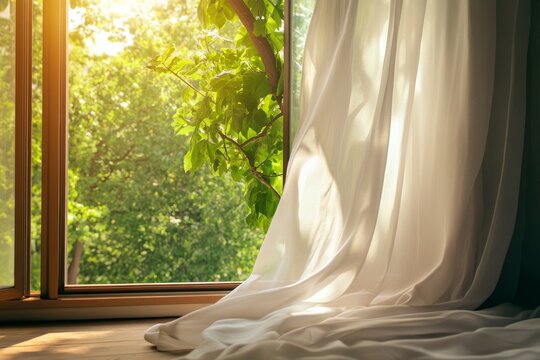 Open window with light curtain blowing and fresh air coming in during a spring day in a cozy indoor space