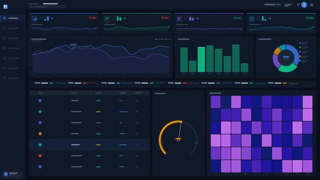 Futuristic dark UI analytics dashboard featuring real-time animated line graphs, bar charts, data tables, and a purple heatmap for business insights.