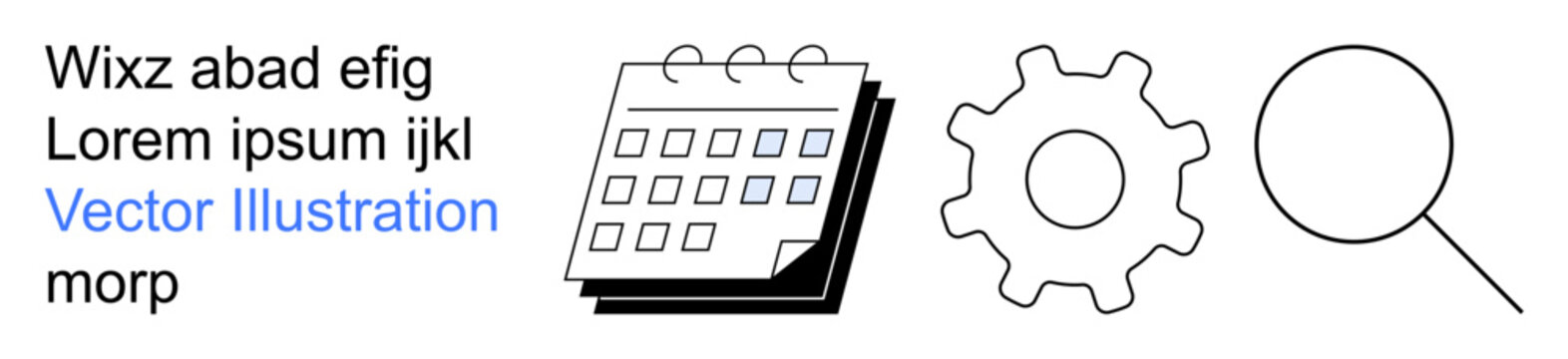 Business management, organization tools, search concepts, productivity, workflow, planning. A calendar, gear and magnifying glass icons in a minimalist style. Business management and organization