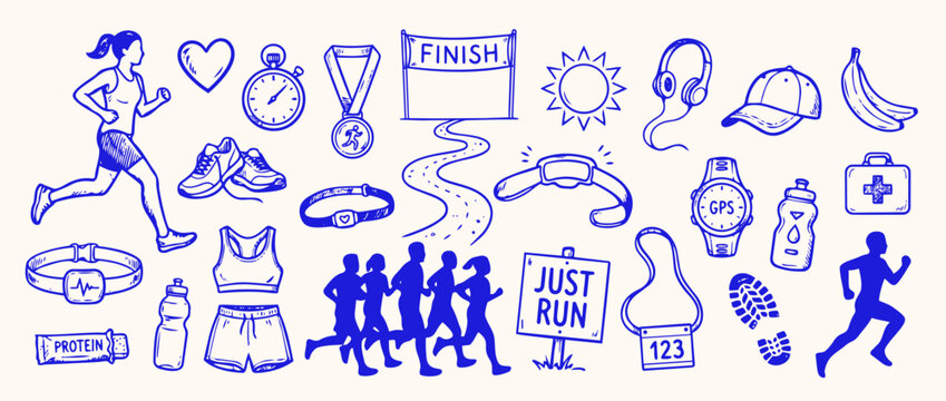 Running Essentials Doodle: A collection of hand-drawn icons celebrating running, featuring runners, finish line, accessories, capturing the spirit of fitness and the joy of the run.