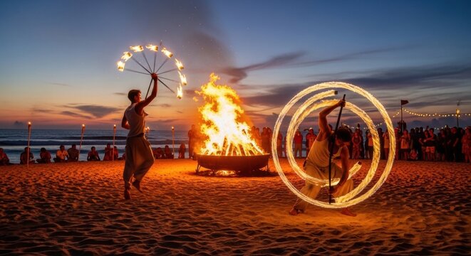 Fire dancers performing with flames on a sandy beach at sunset by bonfire