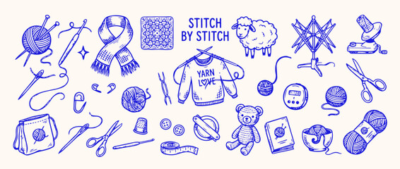 Knitting and Crafting Essentials: A whimsical illustration showcases the essential tools and charming elements of knitting and crafting, inviting enthusiasts to embark on creative journeys.