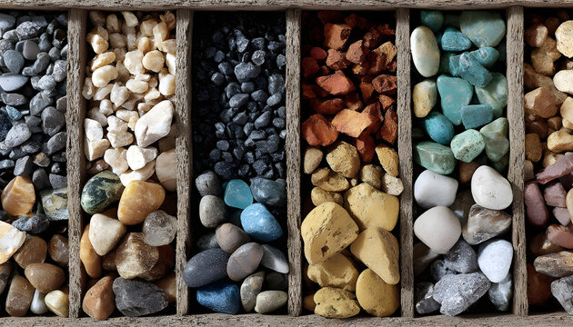 Gravel Display: A macro perspective of a range of raw materials, including diverse stone types, each showcasing a variety of unique natural textures and vibrant, earthy hues.