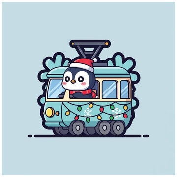 Penguin wearing Santa hat on train.