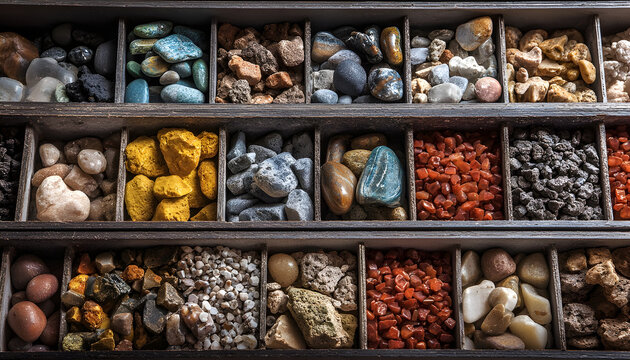 Gravel Display: A macro perspective of a range of raw materials, including diverse stone types, each showcasing a variety of unique natural textures and vibrant, earthy hues.