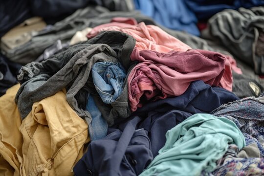 Old clothes are sorted for recycling at a textile facility during the day in a busy urban area