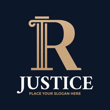 Professional gold letter R law logo featuring an ionic pillar design for legal firms and attorneys. Elegant striped column icon on a navy blue background. High-quality vector.