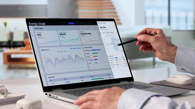 Man Uses Laptop To Monitor Energy Consumption