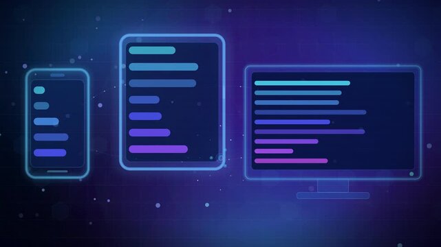Animated glowing icons of a smartphone, tablet, and monitor showing data transfer and cloud syncing in a high-tech digital networking environment.