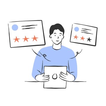 illustration of man managing customer reviews and five star ratings