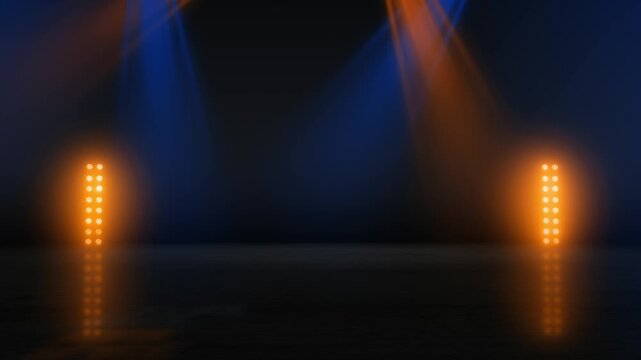 Glowing vertical lights illuminate a dark empty stage with a reflective floor creating a dramatic atmosphere for events presentations performances and creative photographic studio project displays