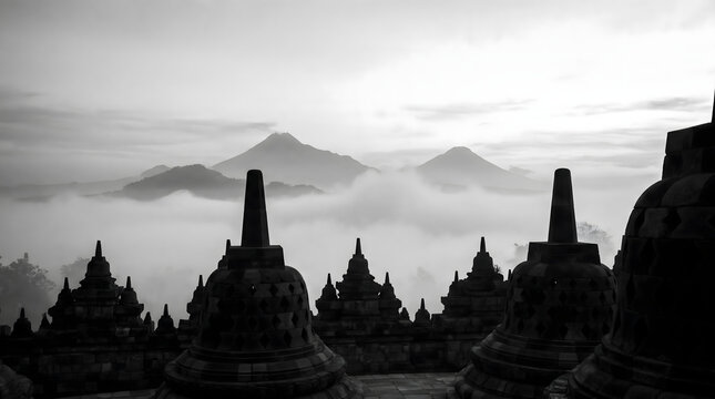 Borobudur temple stupas with misty mountains at sunrise in Indonesia