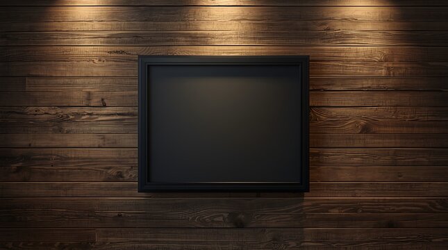 Empty black frame mounted on a rustic wooden plank wall with warm spotlight illumination