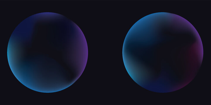 3D gradient spheres and abstract bubbles on black background. Futuristic flowing shapes blend neon colors from blue and green to purple with soft light effects. Dynamic fluid modern circular forms.