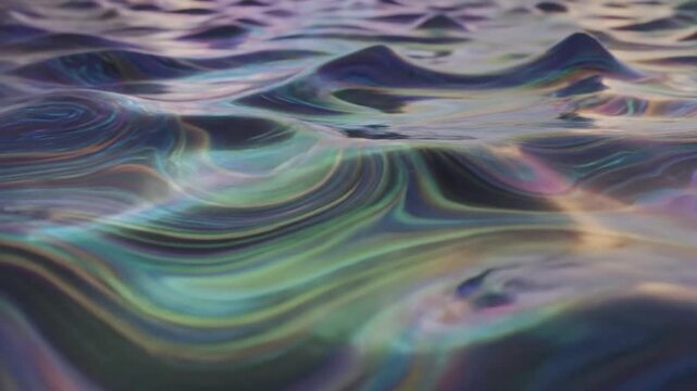 Abstract glowing render of holographic oil surface showing vibrant colors and fluid movement over time