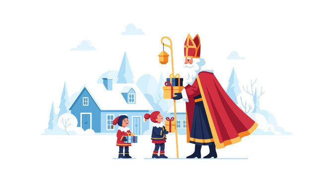 Saint Nicholas Giving Gifts to Children in Snowy Village