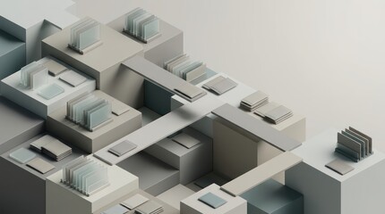 Fototapeta premium Abstract 3D enterprise orchestration blocks with translucent data tiles modular bridges and clean copy space for technology workflow background