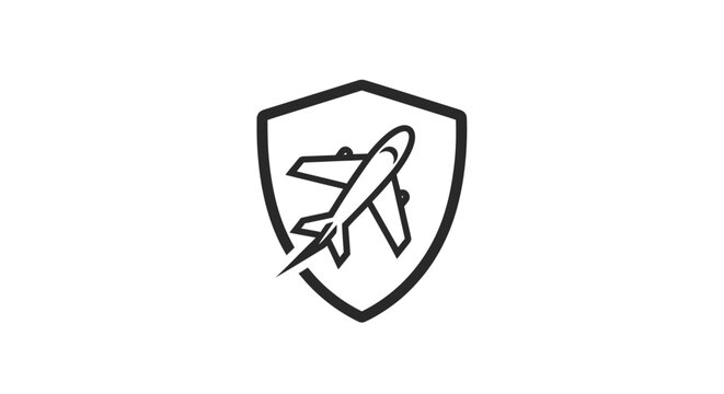 Airplane inside a security shield symbol representing flight protection and safe travel on isolated white background