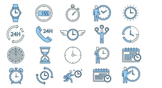 Collection of icons representing time, scheduling, clocks, and punctuality