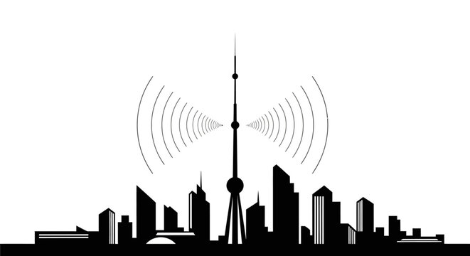 City Skyline Silhouette with Communication Tower Emitting Radio Waves, Urban Connectivity and Broadcasting Concept, Isolated White Background