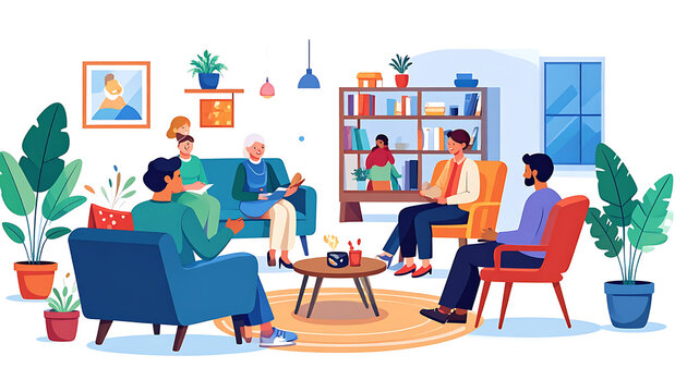 Diverse group of people in a cozy living room session, discussing ideas, community gathering, relaxed atmosphere, casual conversation, social interaction, intergenerational