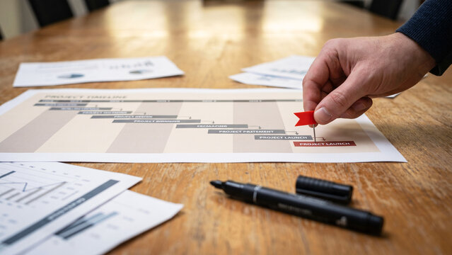 Hand Placing Red Flag Pin on Project Timeline Chart on Boardroom Table, Milestone Concept, Project Planning, Task Management