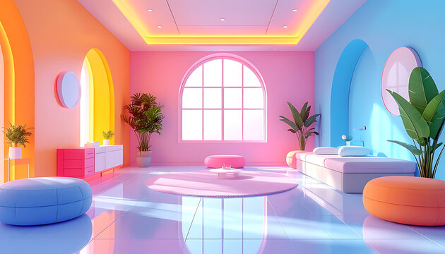 Dreamy pastel interior with arched windows, modern furniture, and potted plants, soft light, whimsical atmosphere, perfect for lifestyle or decor concepts