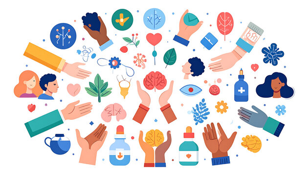 Diverse hands and medical icons representing healthcare, research, and community support, pixel art style