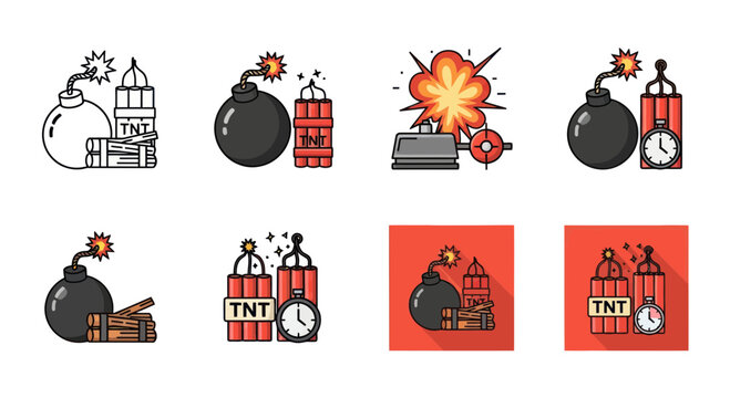 Explosion Bomb Icons Set: TNT Dynamite Fuse Timer Danger Blast
