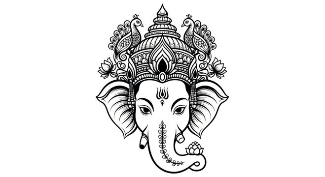 Ganesha Elephant Head Deity Illustration - Hindu God, Om Symbol, Peacock Crown