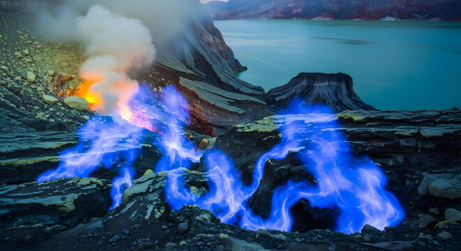 Electric blue fire burning at Kawah Ijen volcano Indonesia