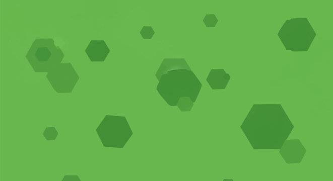 Abstract background featuring a vibrant green gradient with floating dark green hexagonal shapes of varying sizes and levels of transparency scattered throughout the frame.