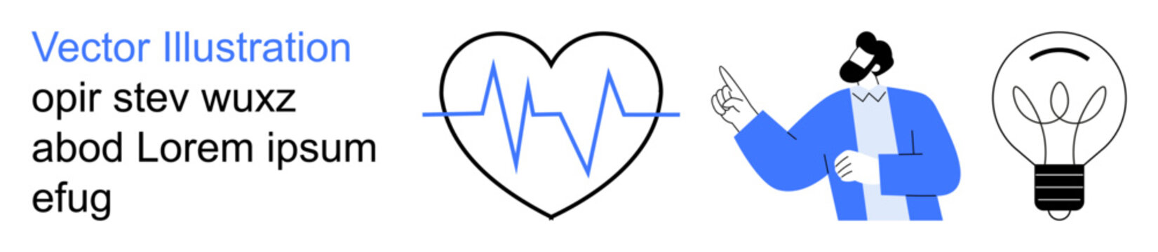 Healthcare, innovation, education, creativity, cardiology, inspiration. A stylized heartbeat in a heart, person pointing lightbulb icon. Healthcare and innovation concept graphic