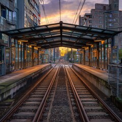 Fototapeta premium Urban train station with sunset over tracks in a modern city