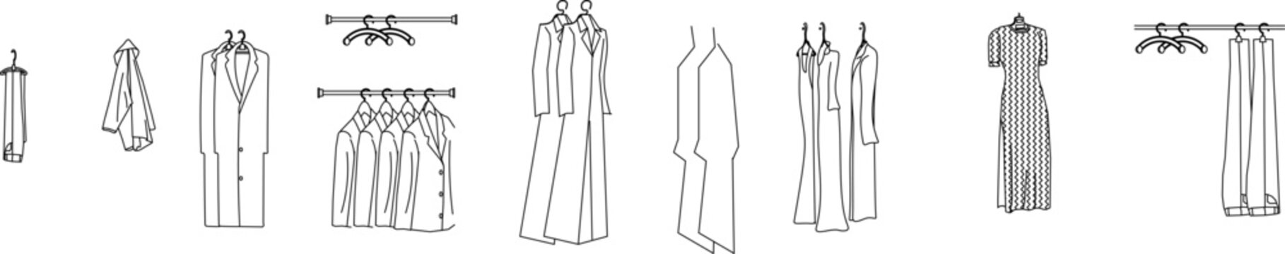 Technical line drawing collection of wardrobe contents including hanging garments, suits, dresses, pants, and clothing storage elements for interior design plans.
