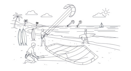 Fototapeta premium Kitesurfing beach scene with people, surfboards, and kites in outline style