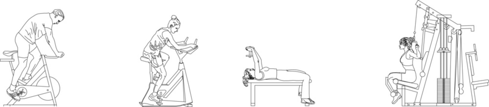Technical line drawing showing people exercising on gym equipment including cardio machines, bench press, and weight training stations for fitness facility plans.
