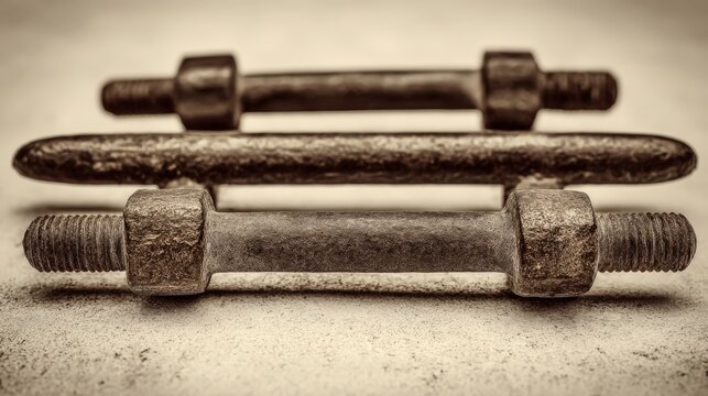 Close up of vintage rusted bolts and fasteners on a textured surface