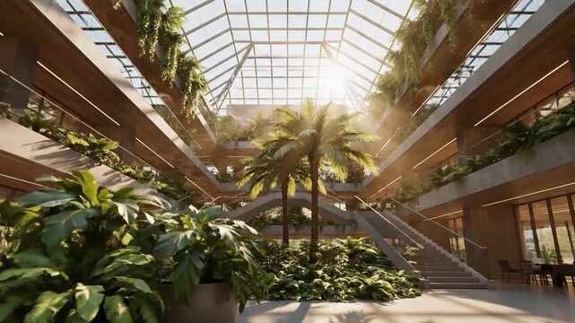 Sunlight streams through a large glass roof into a modern biophilic building interior featuring lush indoor gardens, palm trees, multiple office levels, and architectural staircases.