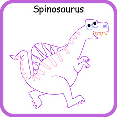 Fototapeta premium Cute Spinosaurus outline coloring page for kids. Fun dinosaur worksheet for preschool and kindergarten activities to improve creativity and coloring skills.