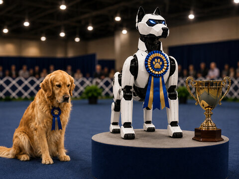 Robot dog standing on a winner podium with trophy while a real dog sits sadly nearby, symbolizing AI competition, automation, and technology exceeding expectations.