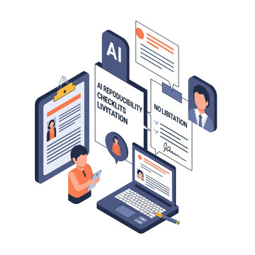 Isometric Illustration of AI Reproducibility Checklist and Limitations.