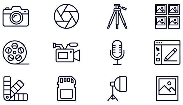 A collection of various photography and videography related icons featuring cameras lenses tripods microphones and other essential creative media tools