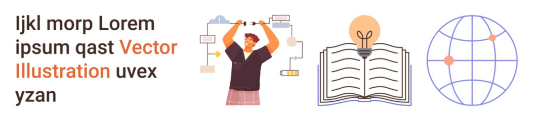 Education, creativity, innovation, global learning, knowledge sharing, teamwork. A person working with flow diagrams, an open book with a light bulb and a globe. Education and creativity concept © robu_s